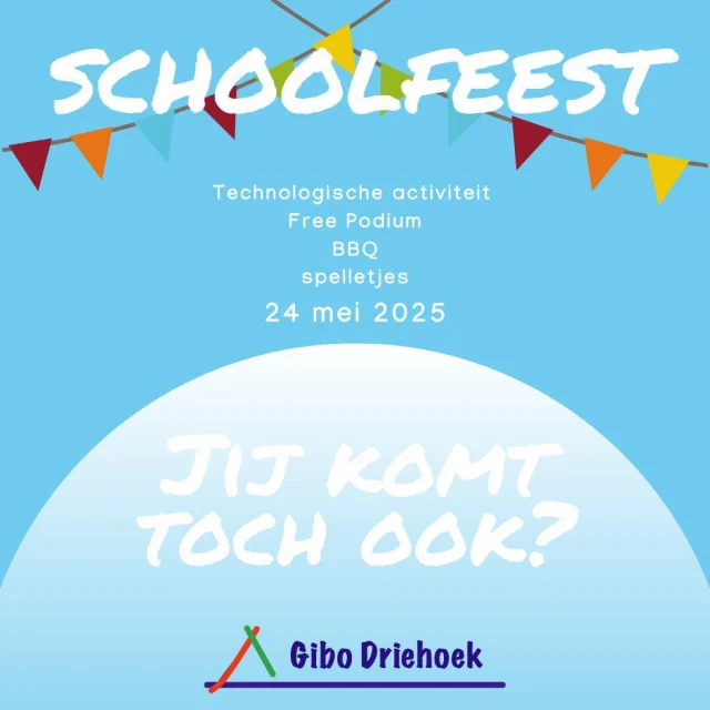 🏗️ SCHOOLFEEST GIBO DRIEHOEK – 24 MEI 🏗️

Onze school werd vernieuwd… tijd voor een feest!
Kom mee genieten van een gezellige namiddag vol plezier, eten en creativiteit.

📅 Zaterdag 24 mei – start om 14u
📍 GIBO Driehoek

🍔 BBQ – inschrijven via de webshop
🍰 Goegebakkenkraam
🎭 Freepodium – voor leerlingen 3-4-5-6
🔧 Technische uitdaging – voor leerlingen K2 t.e.m. 6de
🎲 Spelletjesplein – alles in het teken van bouwen en verbouwen

We hopen jullie massaal te verwelkomen!
🎉 Tot dan!
